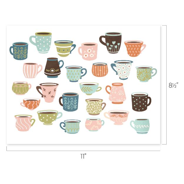 Illustration of 20 colorful mugs and teacups with various patterns, displayed in rows on a white background. Dimensions of the print are 11 inches wide by 8.5 inches tall.