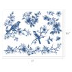 Blue and white illustration of two birds perched on flowering branches, surrounded by various detailed floral and leaf designs. The image measures 11 inches wide by 8.5 inches tall.