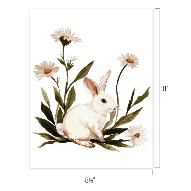 A watercolor illustration of a white rabbit sitting among green leaves and white daisies, with image dimensions labeled as 8.5 inches wide by 11 inches tall.
