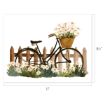 A watercolor illustration of a vintage bicycle with a basket of white daisies, leaning against a wooden picket fence, with grass and flowers in the foreground. Dimensions: 11 inches wide by 8.5 inches tall.