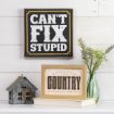A wall sign reads "CAN'T FIX STUPID" above a small shelf holding a metal house, a framed sign that says "A LITTLE BIT OF COUNTRY IS GOOD FOR THE SOUL," and a vase with green foliage.