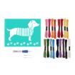A punch needle embroidery kit including a teal pattern of a dog in a sweater, colorful embroidery floss, a punch needle tool, and two needle tips.