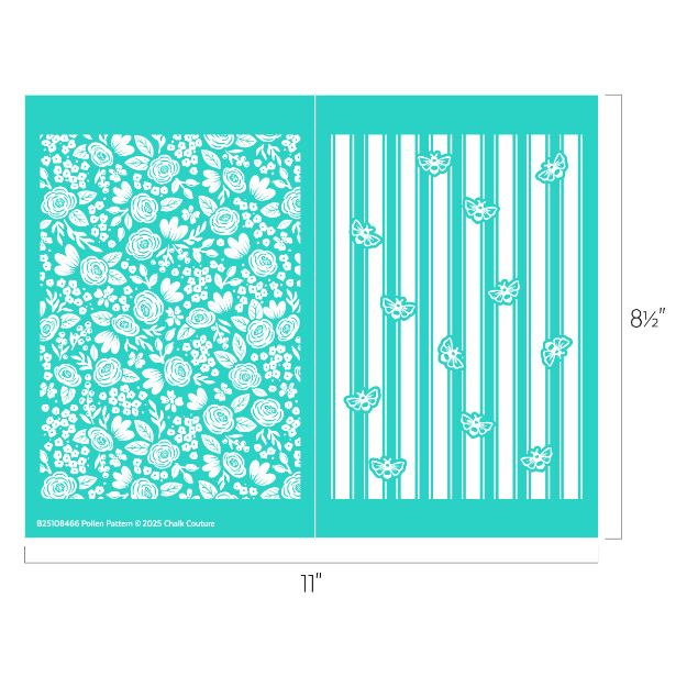 A digital stencil design measuring 11 by 8.5 inches, featuring a dense floral pattern on the left and vertical stripes with scattered butterflies on the right, both bordered in teal.