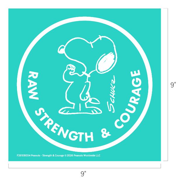 A white outline drawing of Snoopy stands confidently inside a white circle on a teal background. Around the circle, the words “RAW STRENGTH & COURAGE” are written in bold white letters.