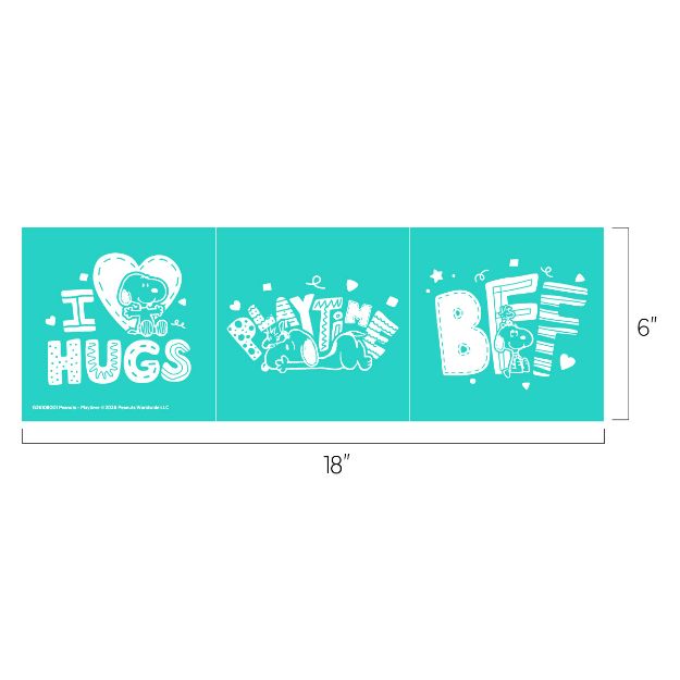 Three teal panels, each 6"x6", show white cartoon Peanuts characters. Panels read: "I ♥ HUGS" with Snoopy hugging Woodstock, "PLAYTIME" with Snoopy lying down, and "BEST" with Snoopy hugging Woodstock.