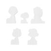 Five white wooden cutouts shaped like cartoon character busts, arranged in two rows against a plain white background. The shapes feature rounded heads and minimal facial features.