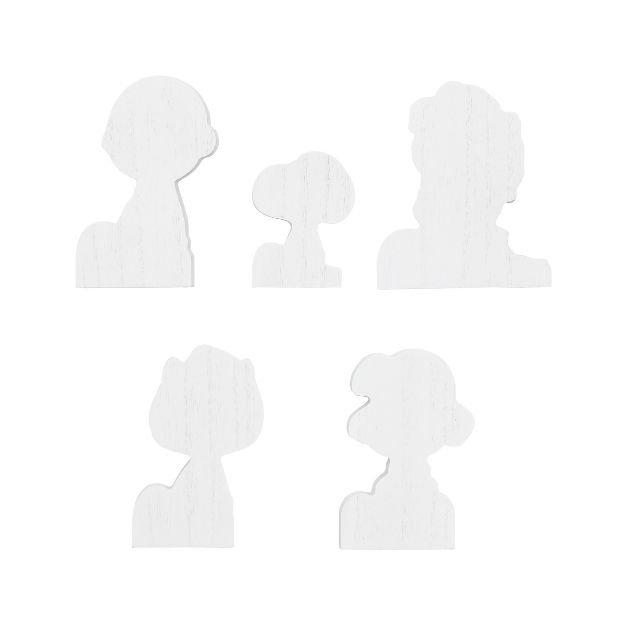 Five white wooden cutouts shaped like cartoon character busts, arranged in two rows against a plain white background. The shapes feature rounded heads and minimal facial features.