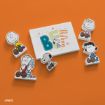Wooden cutouts of Peanuts characters, including Charlie Brown, Snoopy, and Lucy, surround a white sign with colorful "BFF" lettering and a small Snoopy graphic on an orange background.