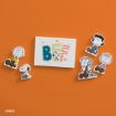 Five Peanuts character cutouts and a card with colorful letters spelling "BFF" are arranged on an orange background. The characters include Charlie Brown, Snoopy, Lucy, Linus, and Sally.