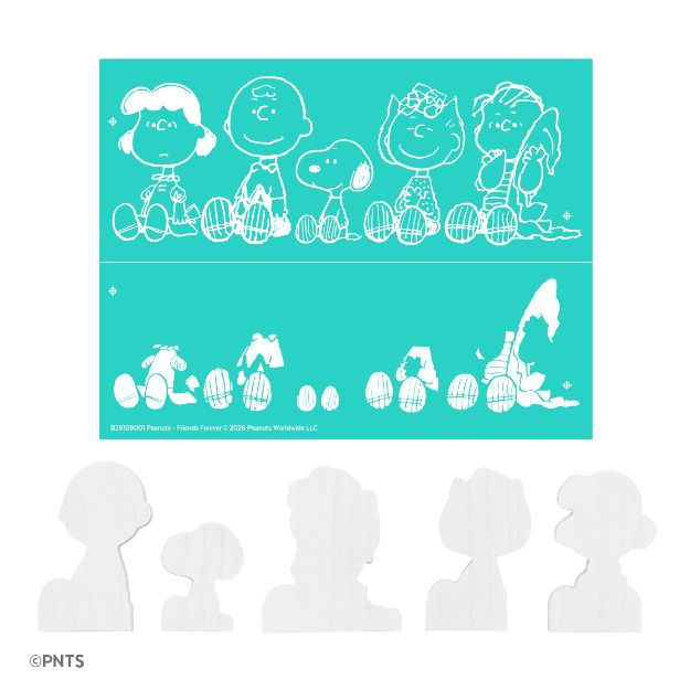 A teal stencil featuring five Peanuts characters sitting with decorated eggs, a row of smaller character silhouettes with eggs, and five white silhouette cutouts matching the main characters.