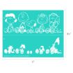 White line art of Peanuts characters Lucy, Charlie Brown, Snoopy, Sally, and Peppermint Patty sitting with decorated Easter eggs on a teal background, along with a second row of eggs and Snoopy’s doghouse.