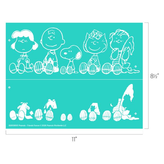 White line art of Peanuts characters Lucy, Charlie Brown, Snoopy, Sally, and Peppermint Patty sitting with decorated Easter eggs on a teal background, along with a second row of eggs and Snoopy’s doghouse.