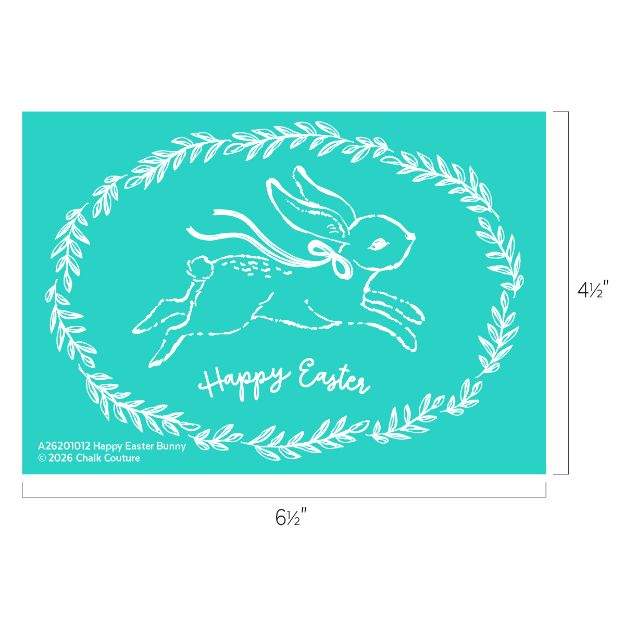 A white outline drawing of a leaping bunny and "Happy Easter" text, surrounded by a leafy oval wreath, on a teal background. Dimensions are 6.5 inches wide by 4.5 inches high.