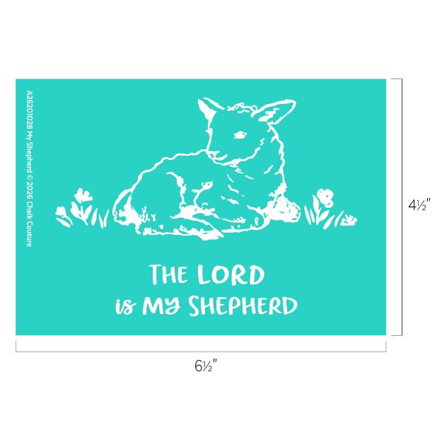 A white sketch of a lamb lying on grass with flowers on a teal background. Text below reads: "The Lord is my shepherd." Dimensions are 6½ inches wide by 4½ inches high.