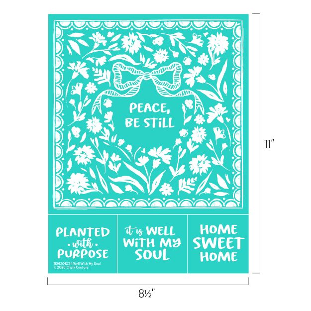 Turquoise and white design with floral patterns and ribbons, featuring the text "PEACE, BE STILL" in the center and three smaller panels at the bottom reading: "PLANTED WITH PURPOSE," "it is WELL WITH MY SOUL," and "HOME SWEET HOME.