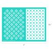 A rectangular teal stencil, 11 by 8.5 inches, features two patterns: white flowers in diagonal rows on the left and evenly spaced white dots inside small circles on the right.