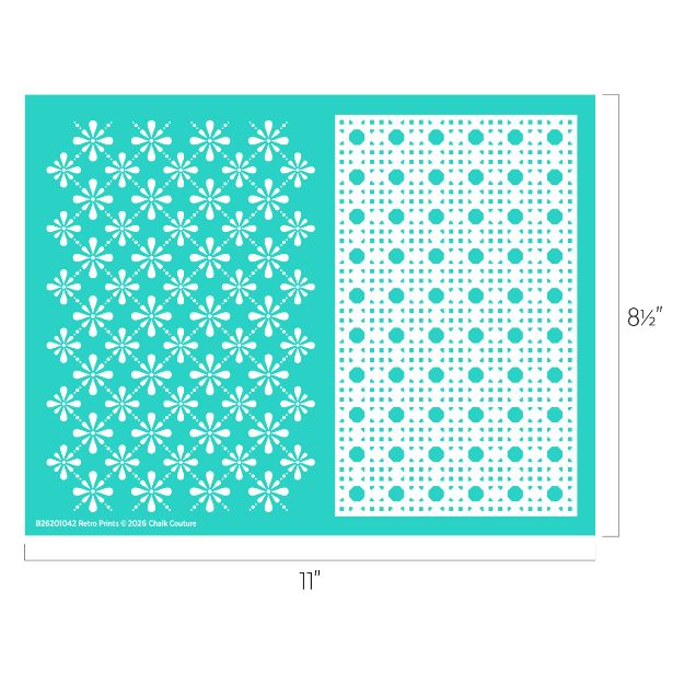 A rectangular teal stencil, 11 by 8.5 inches, features two patterns: white flowers in diagonal rows on the left and evenly spaced white dots inside small circles on the right.