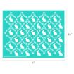 A turquoise stencil featuring a repeating pattern of white bunnies, flowers, and leafy branches, arranged in diamonds. The stencil measures 11 inches wide by 8.5 inches high.
