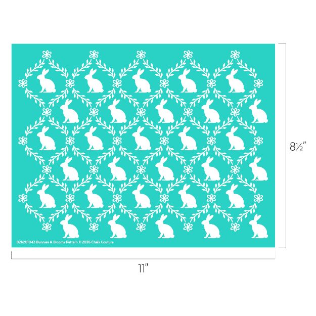 A turquoise stencil featuring a repeating pattern of white bunnies, flowers, and leafy branches, arranged in diamonds. The stencil measures 11 inches wide by 8.5 inches high.