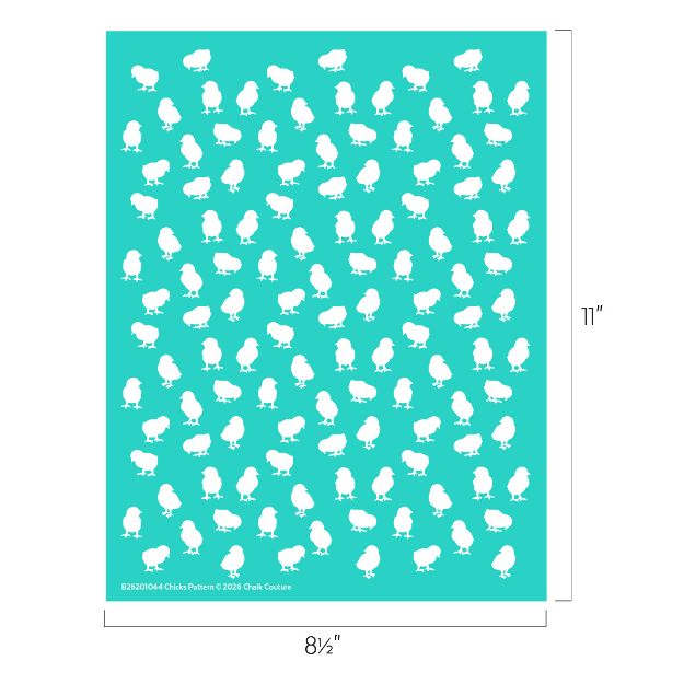 A turquoise sheet with a repeating pattern of small, white chick silhouettes arranged in rows. The sheet measures 8.5 inches wide by 11 inches tall.