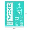 A turquoise sheet with white text and graphics featuring a "Wine Voucher," "Date Night," a tag with "Clink!" and a heart, and phrases like "Drink Me!", "Great minds drink alike," and "Thankful you’re hosting.