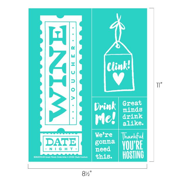 A turquoise sheet with white text and graphics featuring a "Wine Voucher," "Date Night," a tag with "Clink!" and a heart, and phrases like "Drink Me!", "Great minds drink alike," and "Thankful you’re hosting.