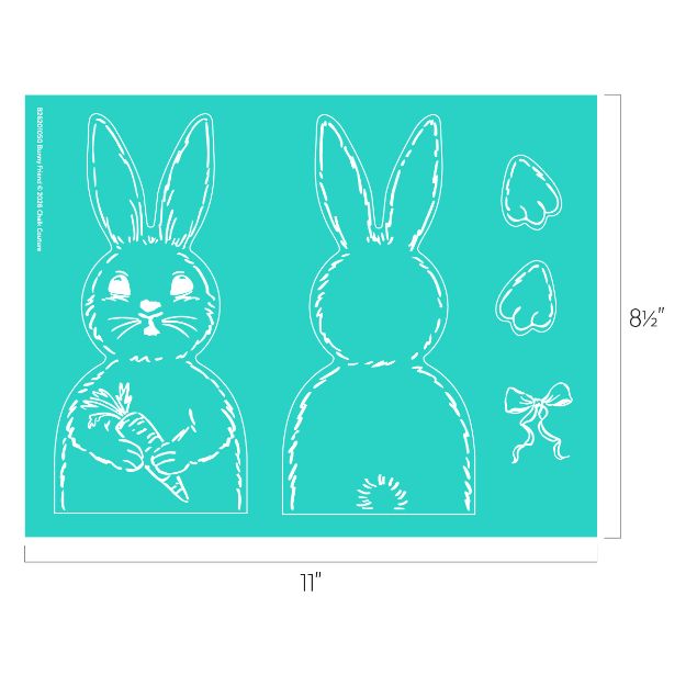 Outline of a bunny template with front and back bunny shapes, two heart shapes, a bow, and a carrot, all displayed on an 11" by 8.5" teal sheet.