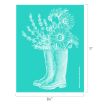 White line drawing of rain boots filled with blooming flowers and foliage on a turquoise background. The image dimensions are 8.5 inches wide by 11 inches high.