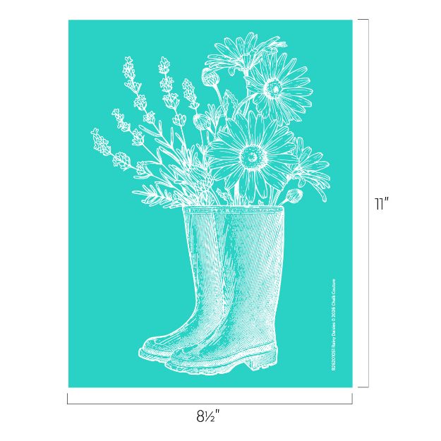 White line drawing of rain boots filled with blooming flowers and foliage on a turquoise background. The image dimensions are 8.5 inches wide by 11 inches high.