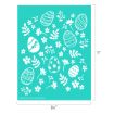 A teal sheet featuring white outlined Easter eggs with decorative patterns and various small flowers and leaves scattered around. The sheet measures 8.5 inches wide by 11 inches tall.