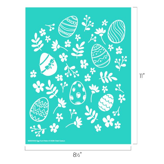 A teal sheet featuring white outlined Easter eggs with decorative patterns and various small flowers and leaves scattered around. The sheet measures 8.5 inches wide by 11 inches tall.