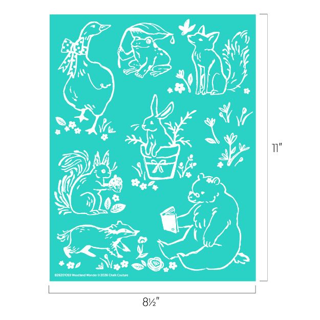 A teal sheet with white outline illustrations of various woodland animals, including a goose, frog, fox, rabbit, squirrel, skunk, and bear, surrounded by flowers and plants. Dimensions are 8.5" wide by 11" tall.
