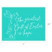 A white line drawing of a rabbit stands next to the cursive text "the greatest gift of Easter is hope" on a turquoise background. The image measures 11 inches by 8.5 inches.