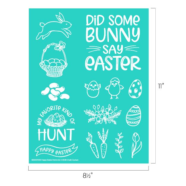 Teal poster with white Easter-themed drawings: a bunny, egg basket, two chicks, decorated eggs, flowers, and carrots. Text reads "Did some bunny say Easter?" and "My favorite kind of hunt. Happy Easter." Dimensions: 8.5"x11".