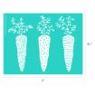 Three white, intricately patterned carrot illustrations with leafy tops on a teal background. The carrots feature different designs and are centered on a rectangle measuring 11 inches by 8.5 inches.