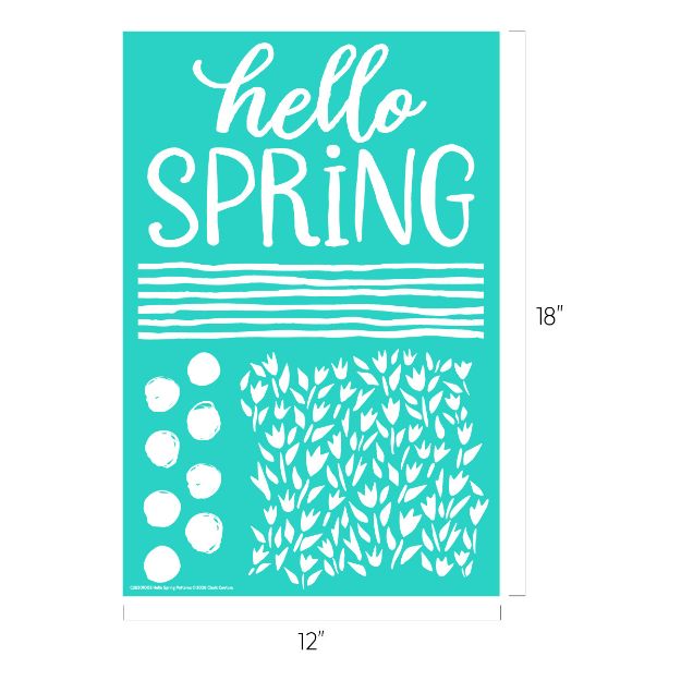 A teal stencil sheet with the words "hello SPRING," several horizontal lines, six solid circles, and a section of tulip shapes. The sheet measures 12 inches wide by 18 inches tall.