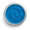 A glass container filled with smooth, bright blue cream or gel, viewed from above against a white background.