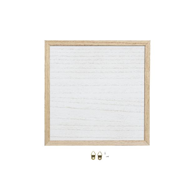 A square wooden picture frame with a light finish, displayed on a white background. Below the frame are two small hanging brackets and two screws.