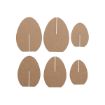Six flat, oval-shaped pieces of brown cardboard with vertical slots, arranged in two rows on a white background; the slots are positioned differently on each piece.