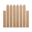 Seven brown wooden fence pickets arranged vertically; the four middle pickets have pointed tops, while the three outer pickets have flat tops, all set against a white background.