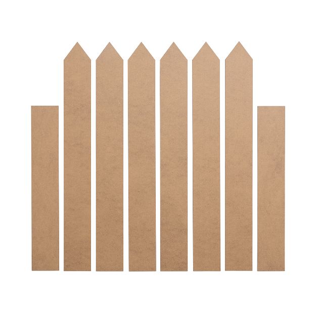 Seven brown wooden fence pickets arranged vertically; the four middle pickets have pointed tops, while the three outer pickets have flat tops, all set against a white background.