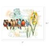 Illustration of colorful birds perched on a branch with yellow and blue irises beside them, overlaid on a vintage French postcard background with handwritten text and Paris postage marks; image measures 11" x 8.5".