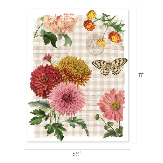A vintage-style illustration of colorful flowers and a butterfly on a beige gingham background, with faint script and postal stamp accents. The image measures 8.5 inches by 11 inches.