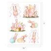 A sheet of cute Easter bunny illustrations with pastel eggs, pink bows, and flowers. Bunnies are shown in various playful poses with decorated eggs. Sheet size is 8.5 by 11 inches.