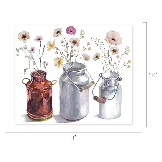 Watercolor illustration of three vintage jars—one brown, two metallic—each holding delicate wildflowers, with dimensions labeled as 11 inches wide by 8.5 inches tall.