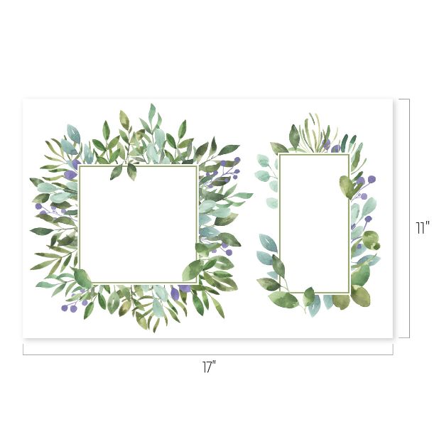Two rectangular frames with watercolor green and purple leafy borders on a white background. The left frame is horizontal and the right frame is vertical. Dimensions shown are 17" wide and 11" tall.
