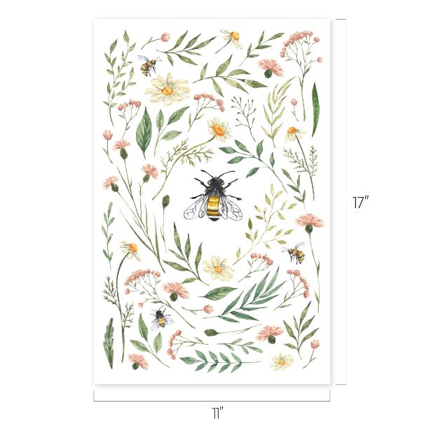 A botanical print featuring bees and various wildflowers with green leaves and stems, arranged on a white background. The dimensions are marked as 17 inches tall by 11 inches wide.