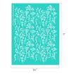 A teal stencil sheet with white floral and leaf patterns arranged in rows. The sheet measures 8.5 inches wide by 11 inches tall.