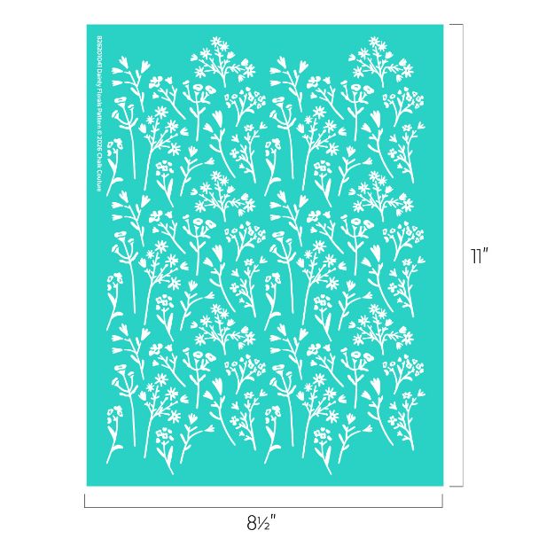 A teal stencil sheet with white floral and leaf patterns arranged in rows. The sheet measures 8.5 inches wide by 11 inches tall.