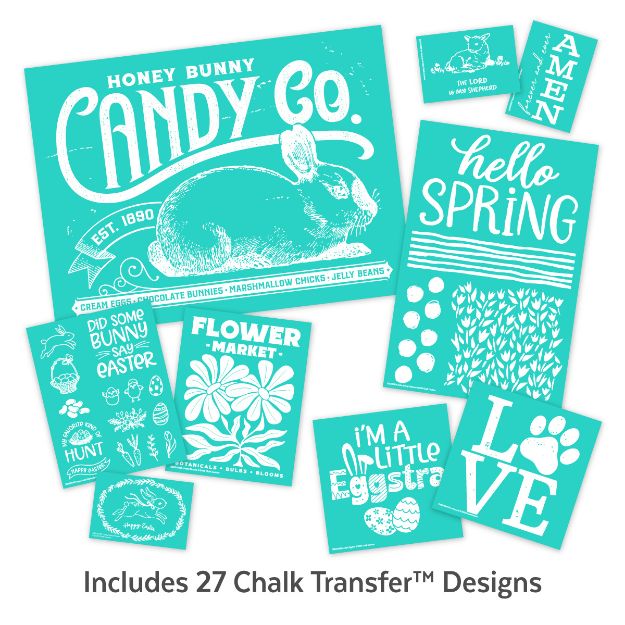 A collection of teal-colored chalk transfer designs with Easter and spring themes, featuring bunnies, eggs, flowers, and text like "hello SPRING", "I'm a little eggstra", and "did some bunny say Easter?".